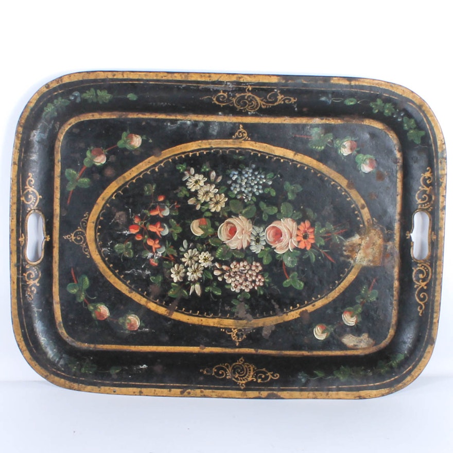 Vintage Hand-Painted Tole Metal Serving Tray