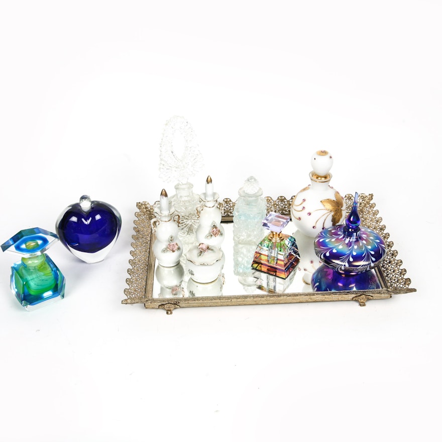 Collection of Decorative Perfume Bottles and Tray