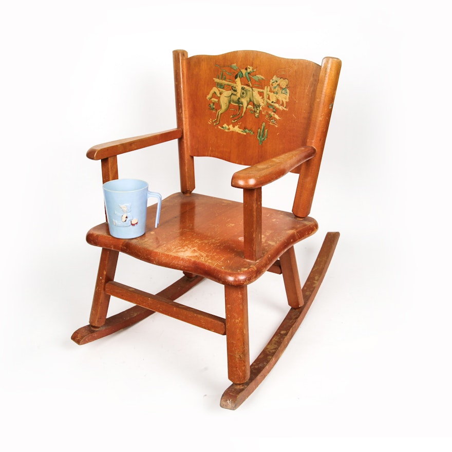 Vintage Kid's Rocking Chair with Plastic Mug
