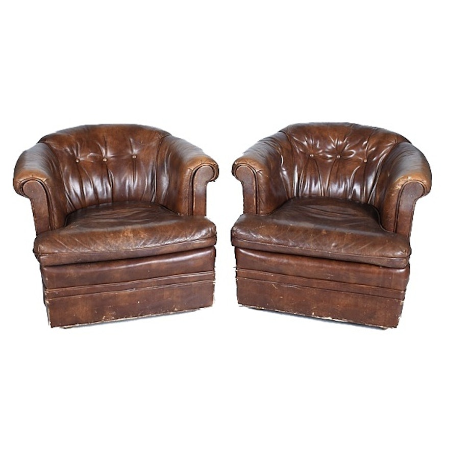 Vintage Leather Barrel-Back Club Chairs