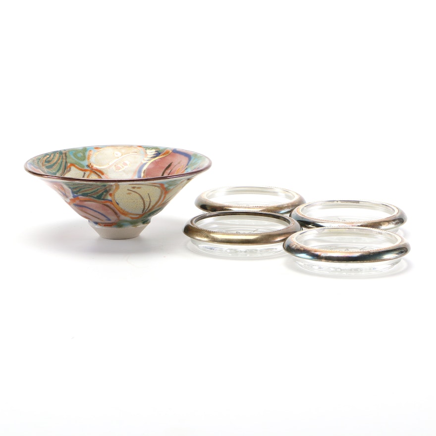Glass and Silver Plate Coasters and Earthenware Pottery Bowl