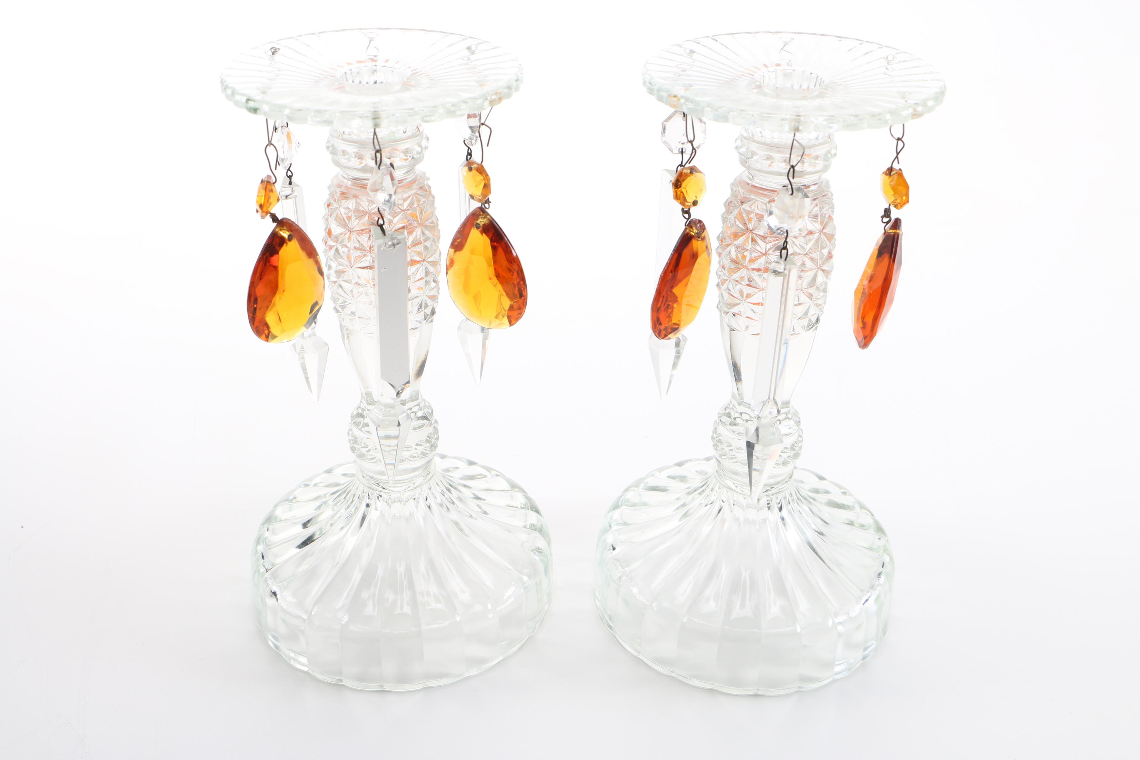 Amber and Clear Glass Candlesticks