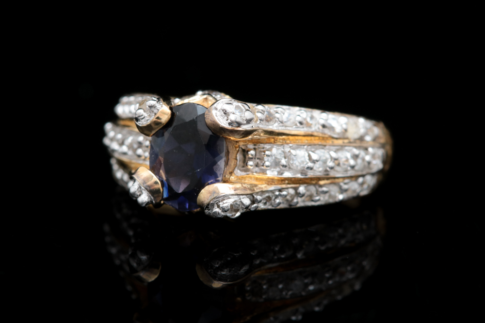 Gold Plated Sterling Silver Iolite and White Zircon Ring