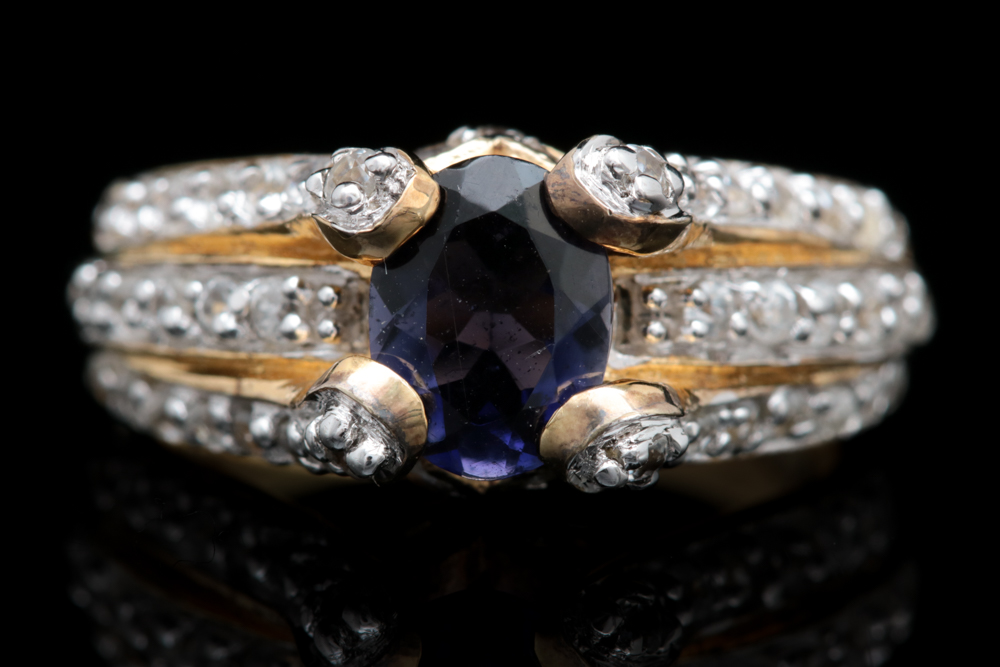 Gold Plated Sterling Silver Iolite and White Zircon Ring