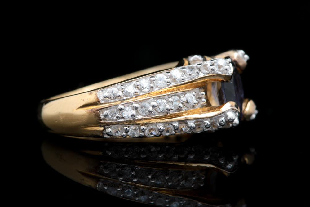 Gold Plated Sterling Silver Iolite and White Zircon Ring