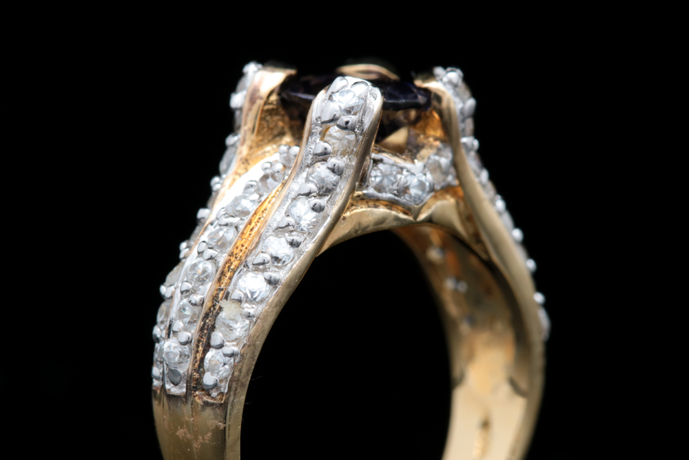 Gold Plated Sterling Silver Iolite and White Zircon Ring