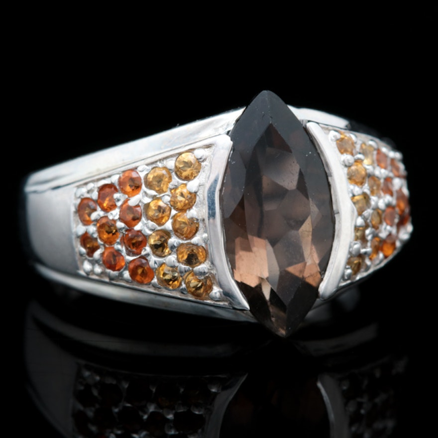 Sterling Silver, Smoky Quartz and Citrine Ring