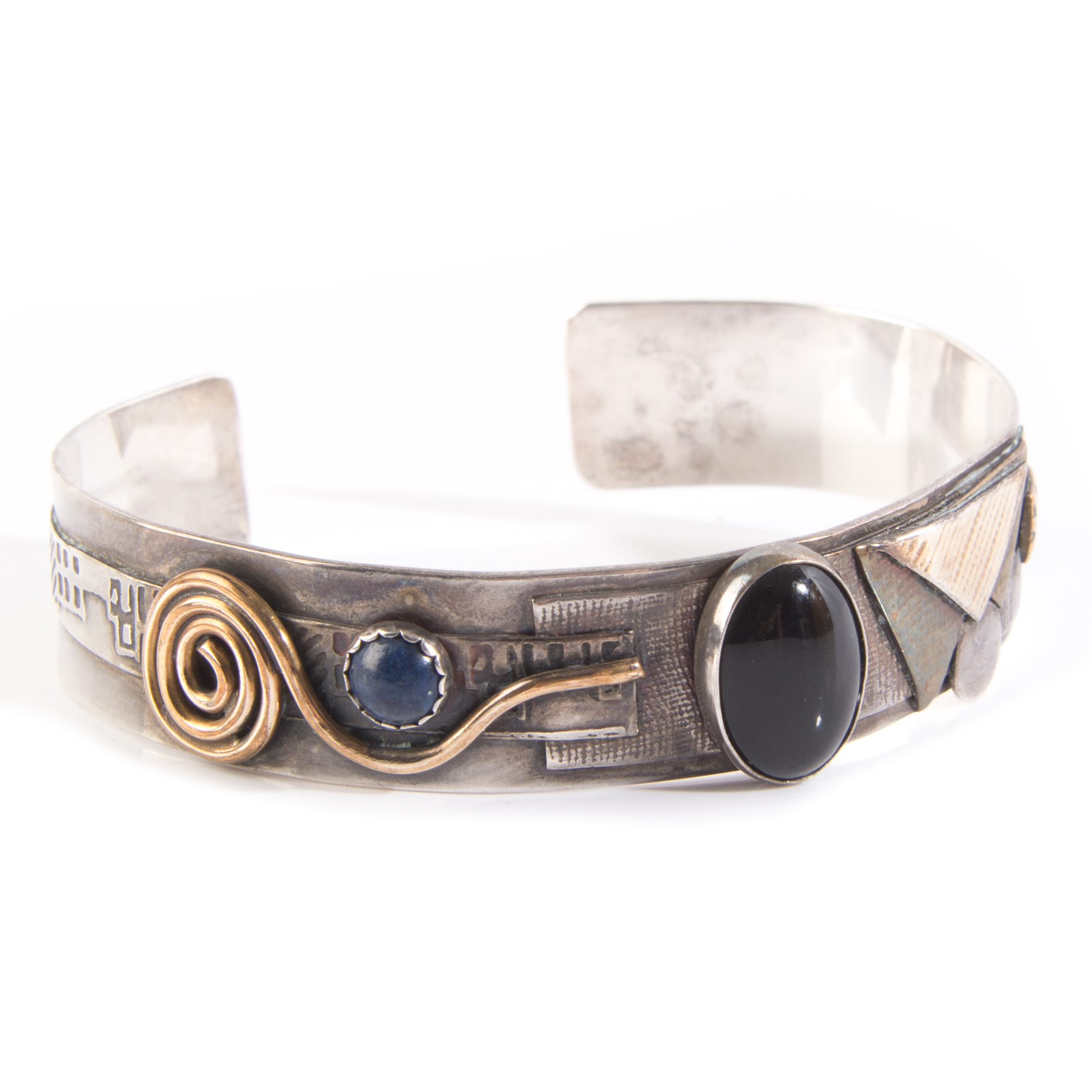 Sterling Silver Onyx and Lapis Lazuli Handcrafted Cuff Bracelet