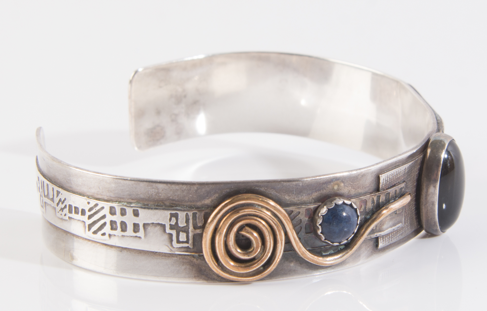 Sterling Silver Onyx and Lapis Lazuli Handcrafted Cuff Bracelet