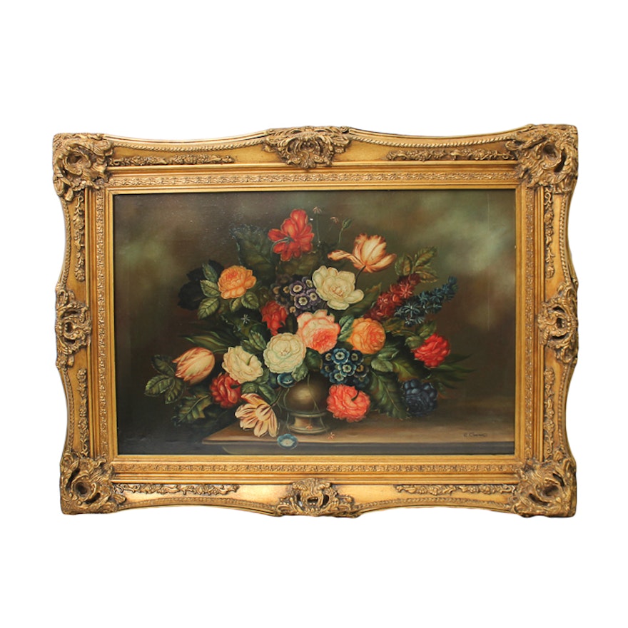 E. Grand Oil Painting on Canvas Floral Still Life