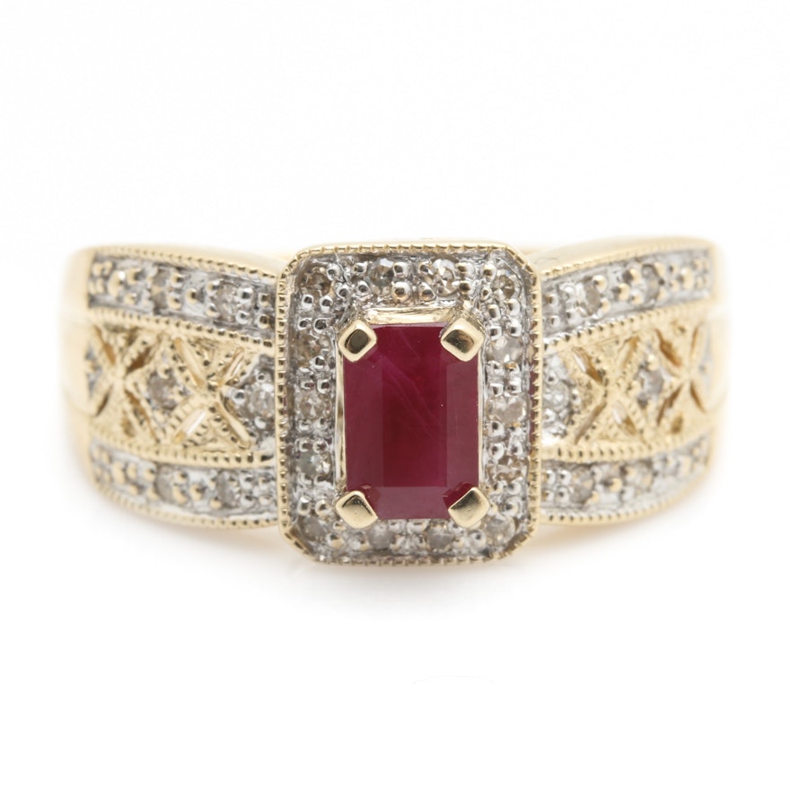 14K Yellow Gold Ruby and Diamond Milgrain Ring