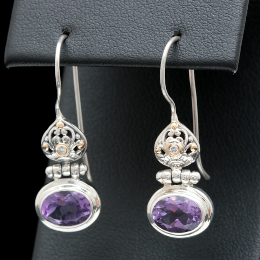 Sterling Silver, 18K Yellow Gold, Amethyst and Diamond Dangle Earrings