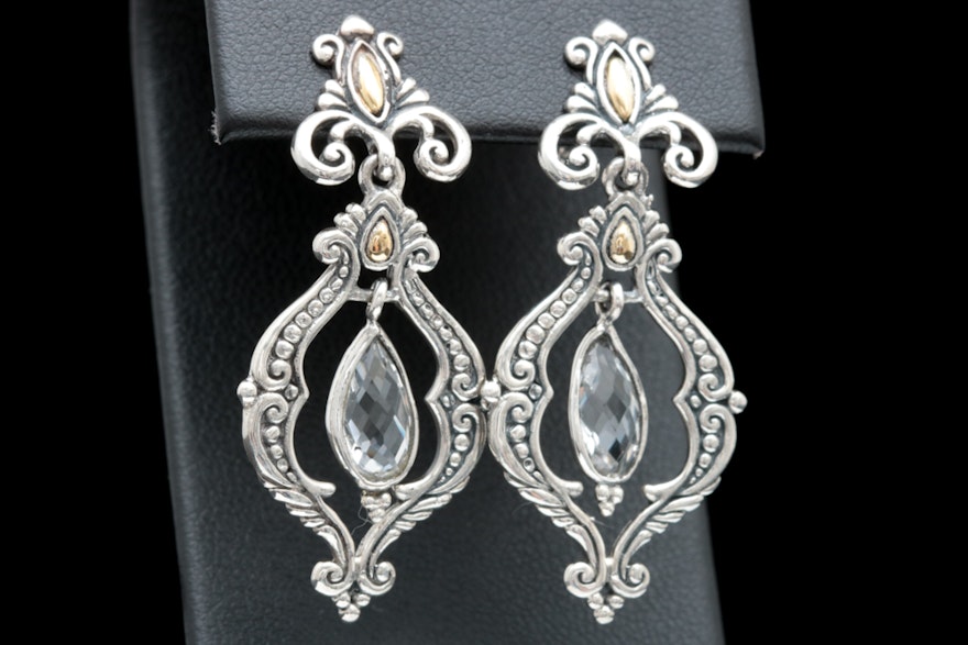 Sterling Silver, 18K Yellow Gold and White Topaz Dangle Earrings