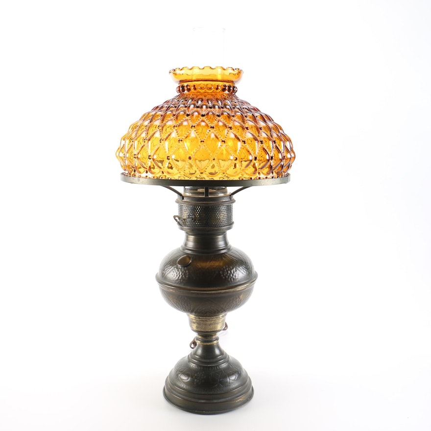 Copper Hurrican Lamp with Amber-Tone Glass