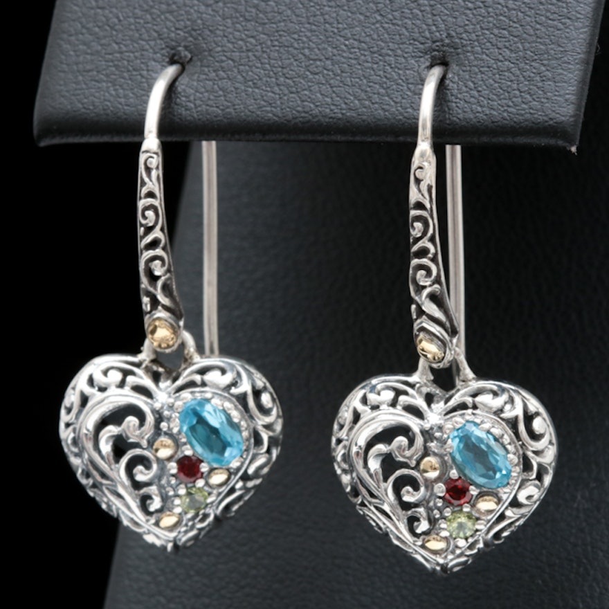 Sterling Silver, 18K Yellow Gold, Blue Topaz, Garnet, and Peridot Heart Earrings