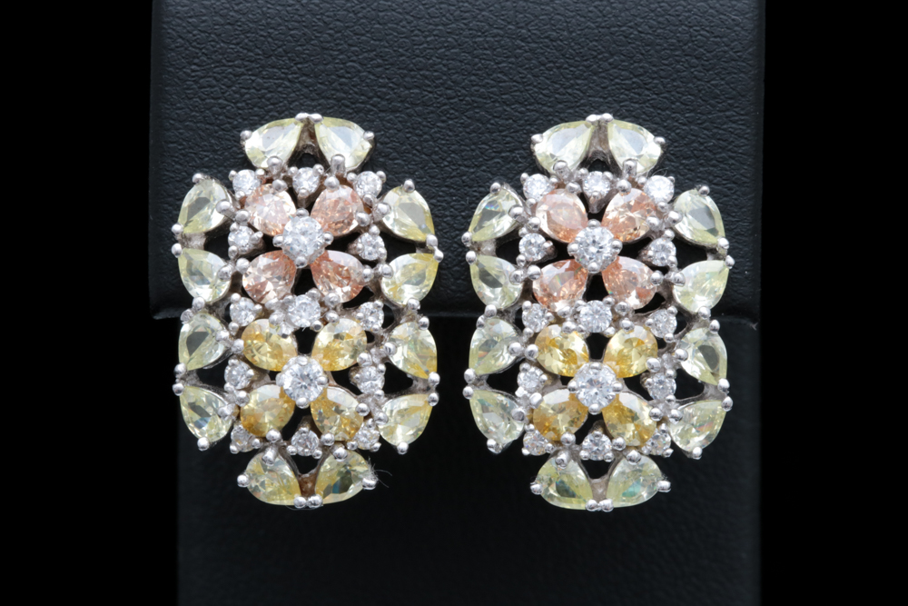 Sterling Silver and Multi-Colored Cubic Zirconia Flower Earrings