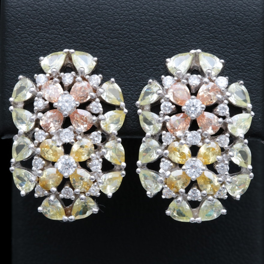 Sterling Silver and Multi-Colored Cubic Zirconia Flower Earrings