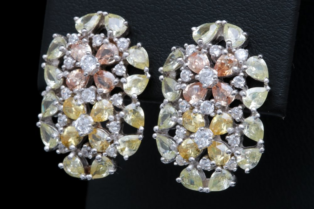 Sterling Silver and Multi-Colored Cubic Zirconia Flower Earrings