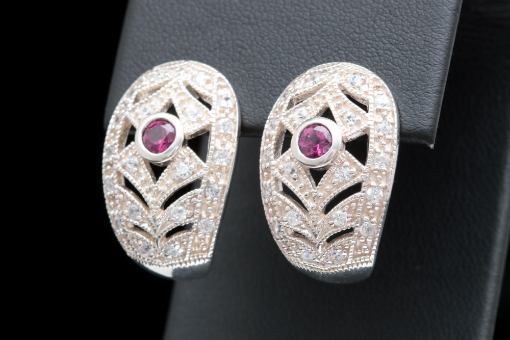 Sterling Silver, Rhodolite and White Zircon Earrings