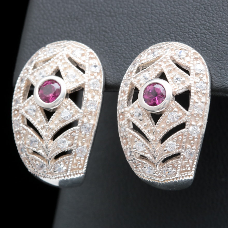 Sterling Silver, Rhodolite and White Zircon Earrings