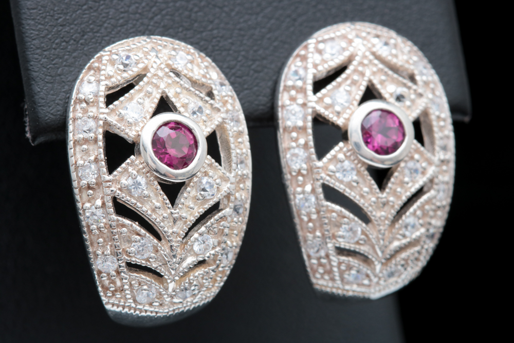 Sterling Silver, Rhodolite and White Zircon Earrings