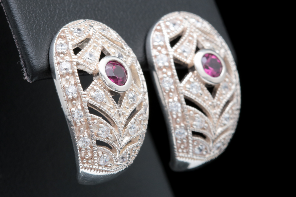 Sterling Silver, Rhodolite and White Zircon Earrings