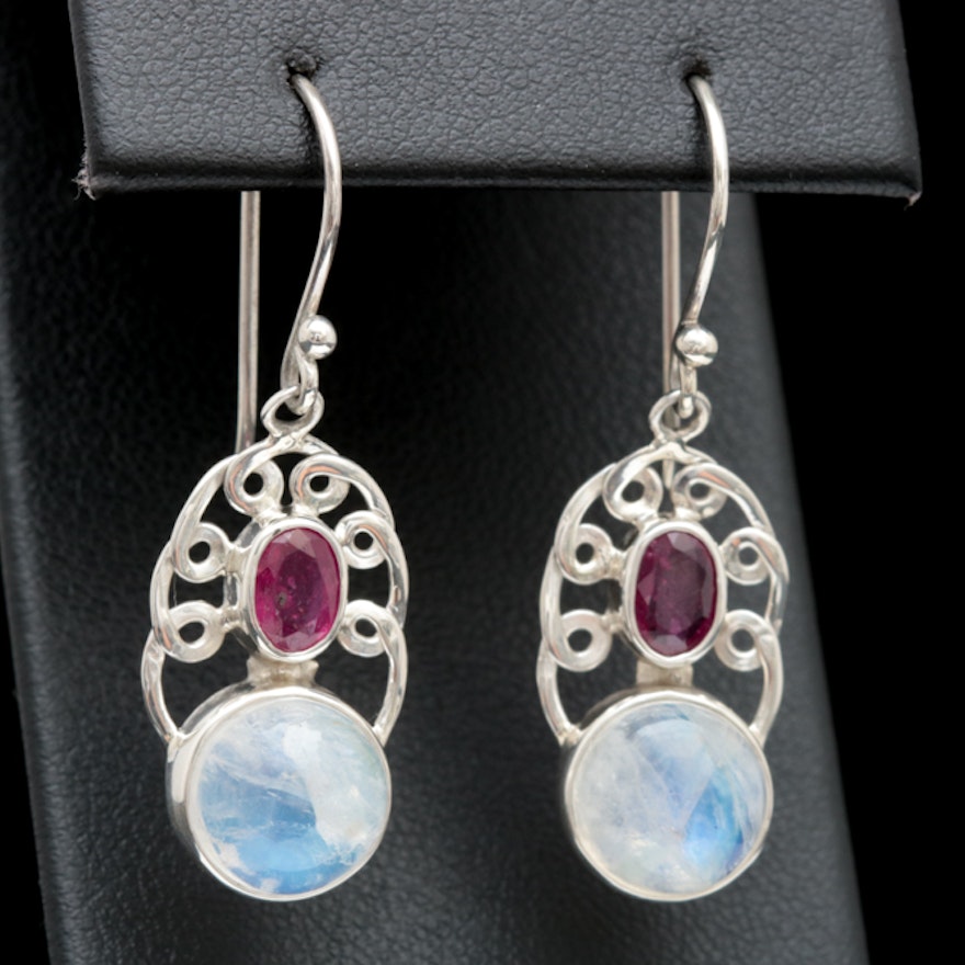 Sterling Silver, Ruby and Moonstone Dangle Earrings
