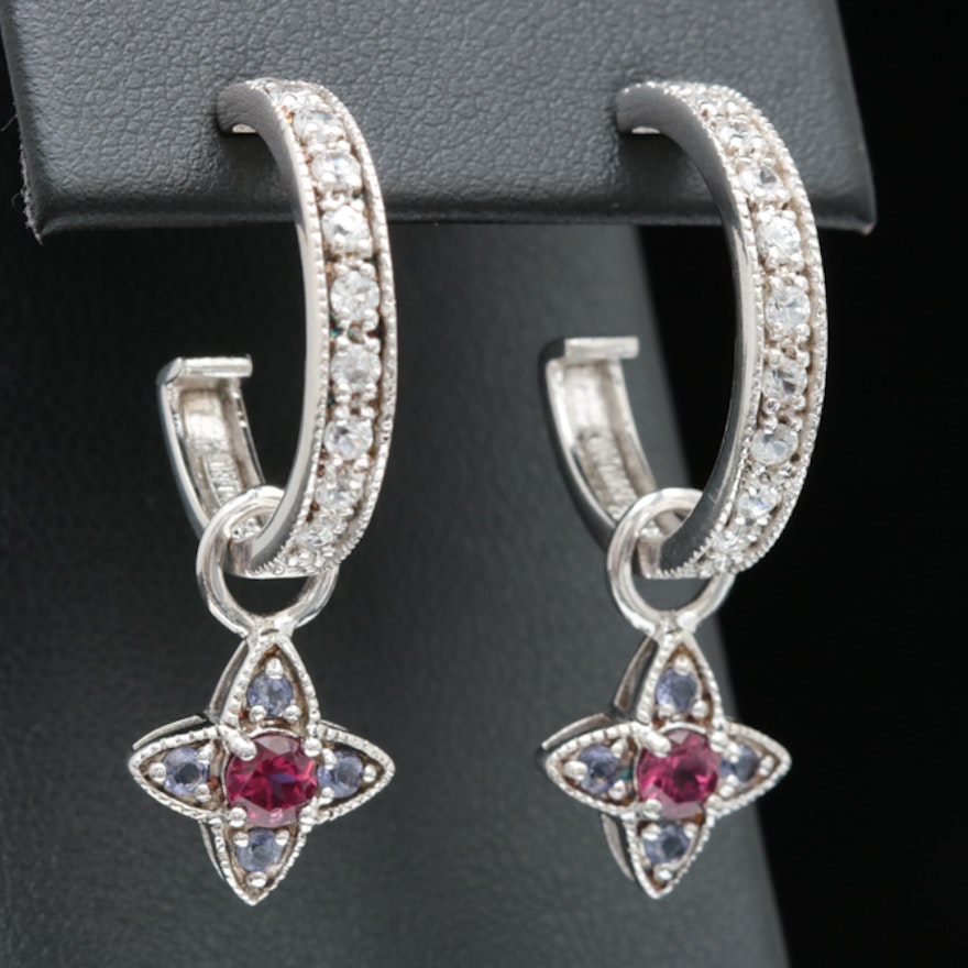 Sterling Silver, White Zircon, Rhodolite and Tanzanite Earrings