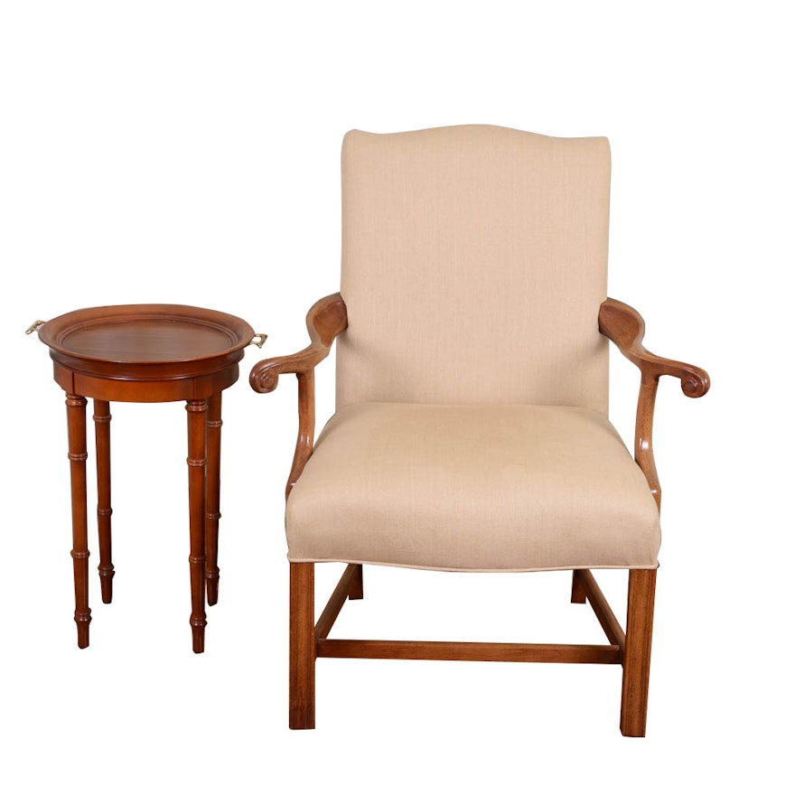 Oak Upholstered Armchair and Bombay Company Tray Side Table