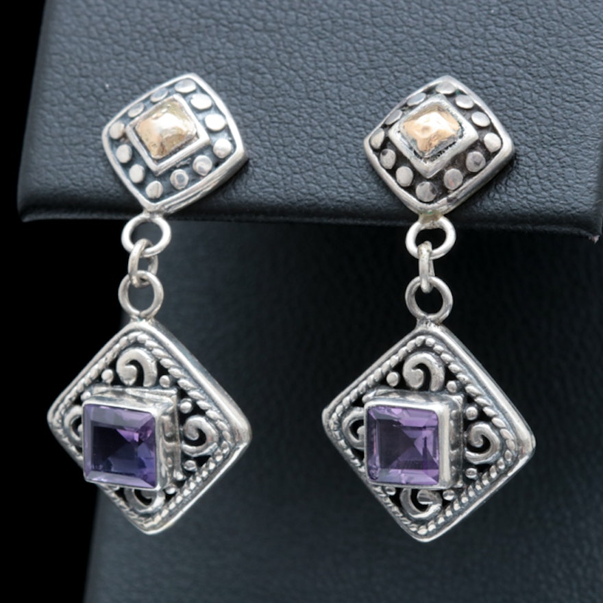 Sterling Silver, 18K Yellow Gold and Amethyst Earrings