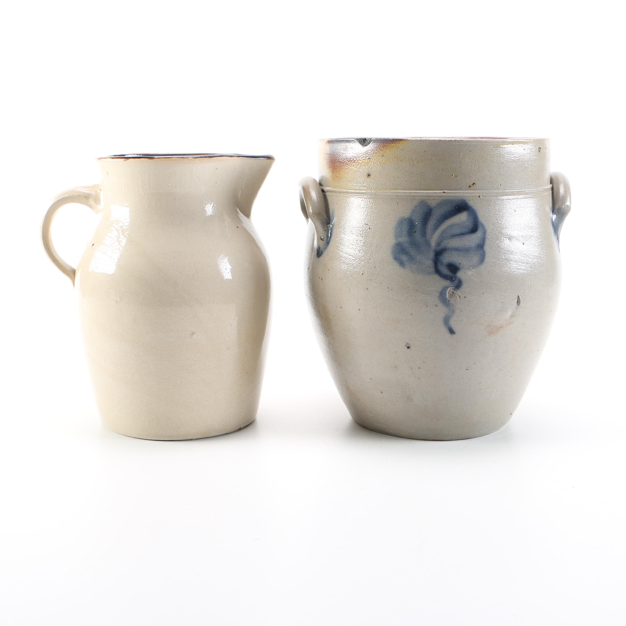 Vintage Stoneware Pitcher and Salt Glazed Crock