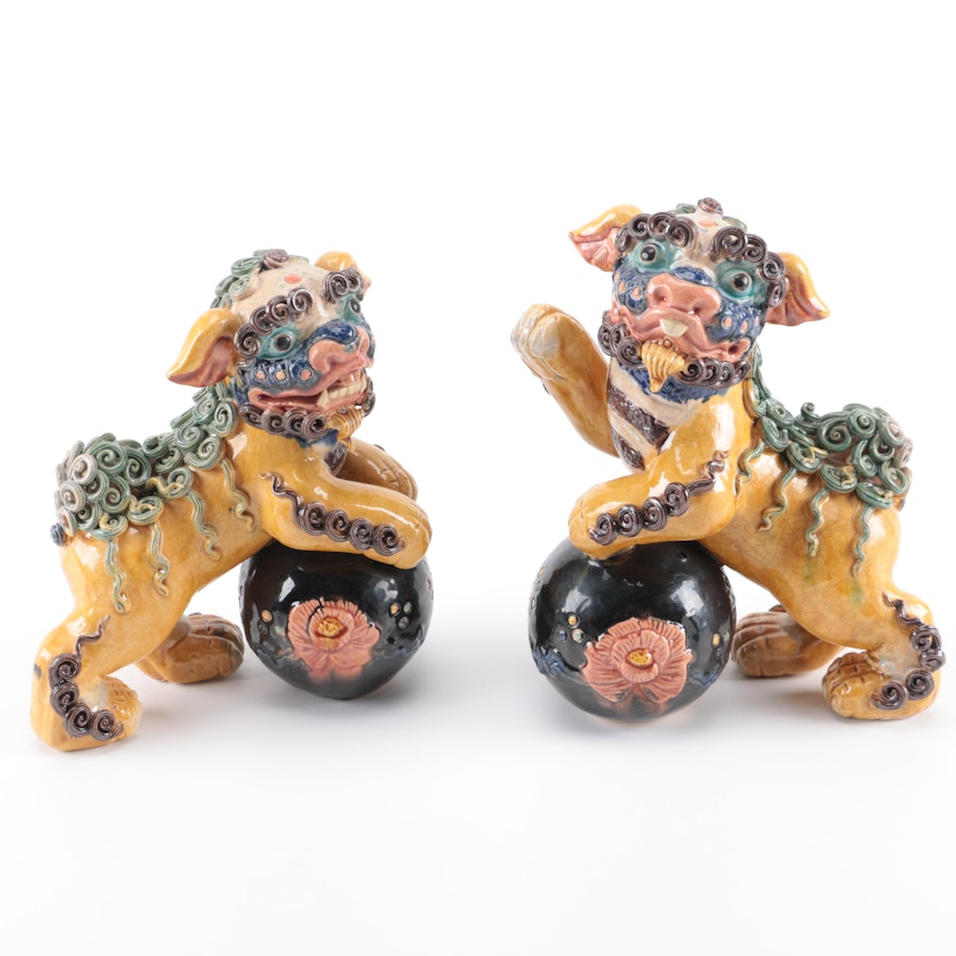 Pair of Chinese Ceramic Guardian Lion Figurines