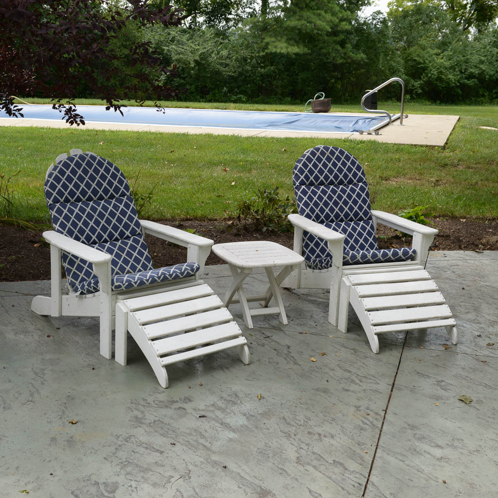 White All-Weather Wood Adirondack Chairs With Side Table and Foot Rests