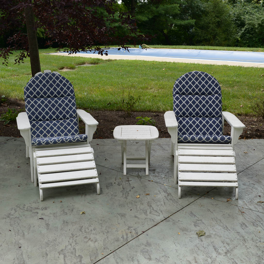 White All-Weather Wood Adirondack Chairs With Side Table and Foot Rests