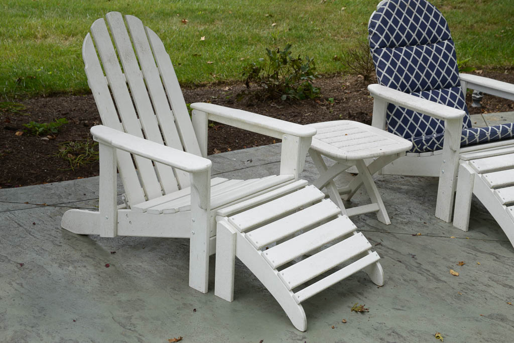 White All-Weather Wood Adirondack Chairs With Side Table and Foot Rests