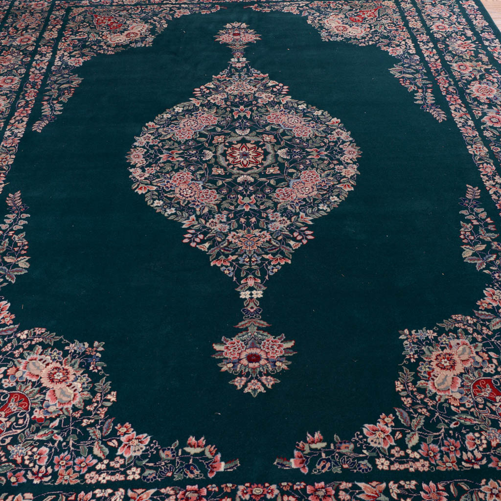 Hand-Knotted Jade Green Floral Wool Area Rug