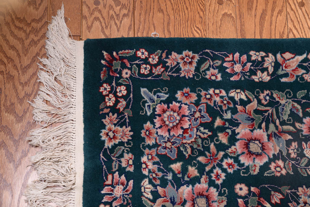 Hand-Knotted Jade Green Floral Wool Area Rug