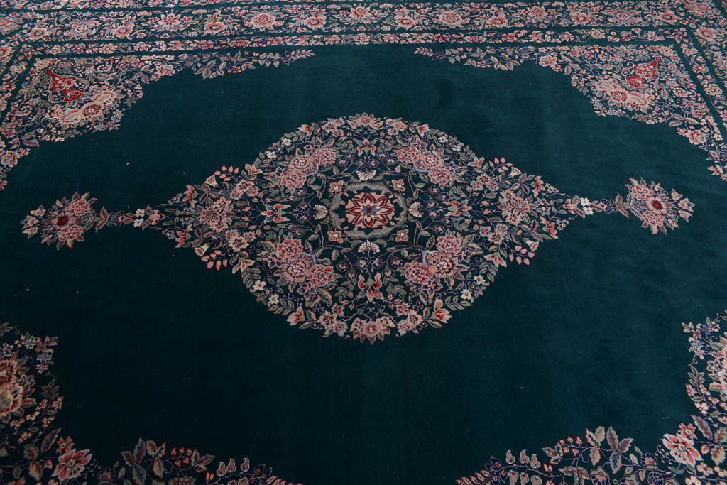 Hand-Knotted Jade Green Floral Wool Area Rug