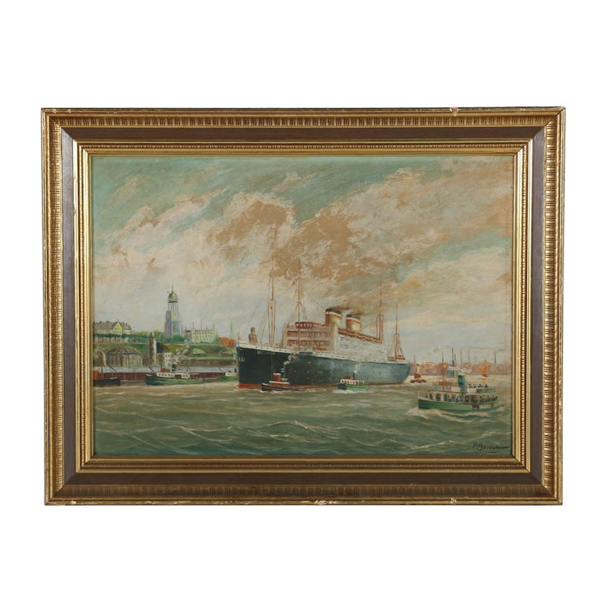 Oil Painting on Board of Harbor Scene