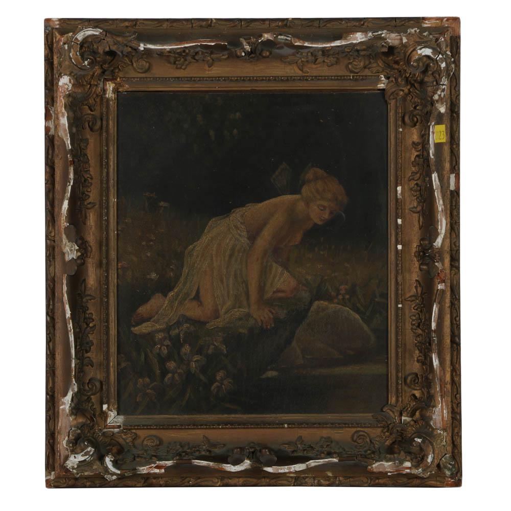 19th-Century Oil Painting on Canvas of Winged Figure