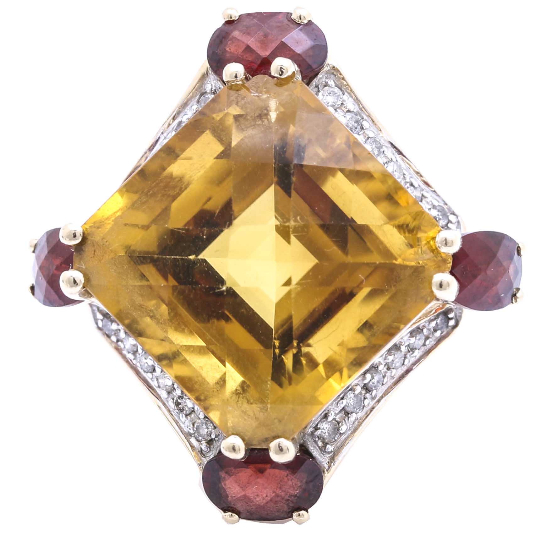 14K Yellow Gold 15.07 CT Citrine, Garnet, and Diamond Ring