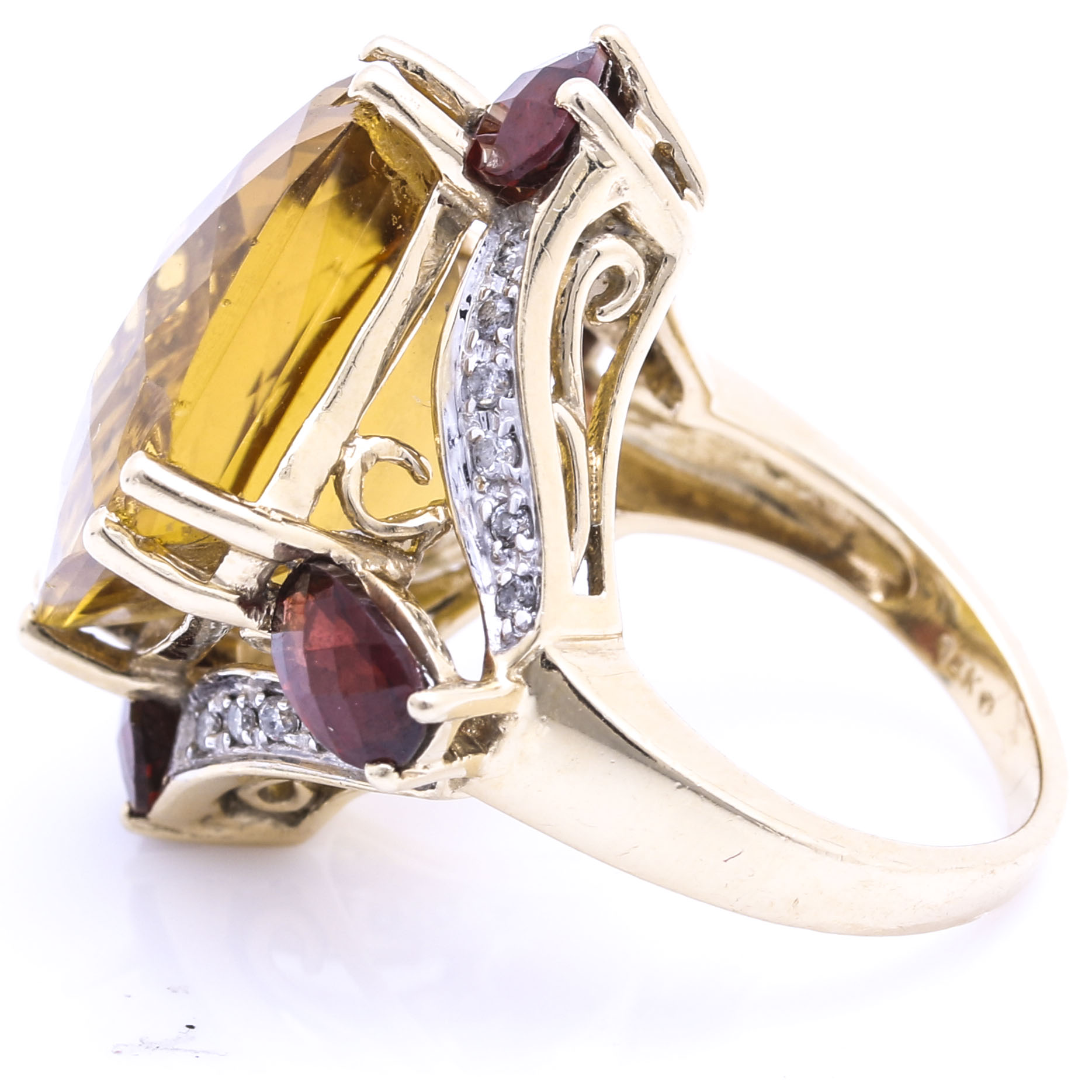 14K Yellow Gold 15.07 CT Citrine, Garnet, and Diamond Ring