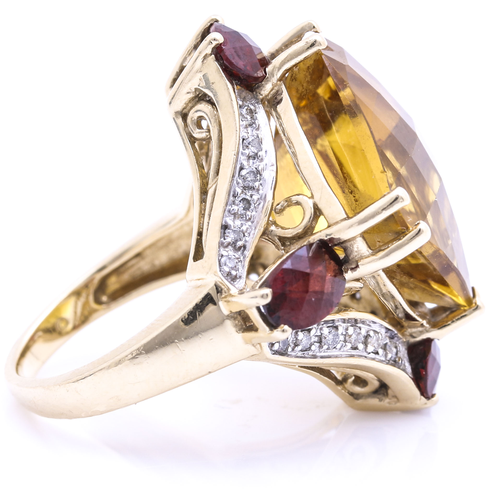 14K Yellow Gold 15.07 CT Citrine, Garnet, and Diamond Ring