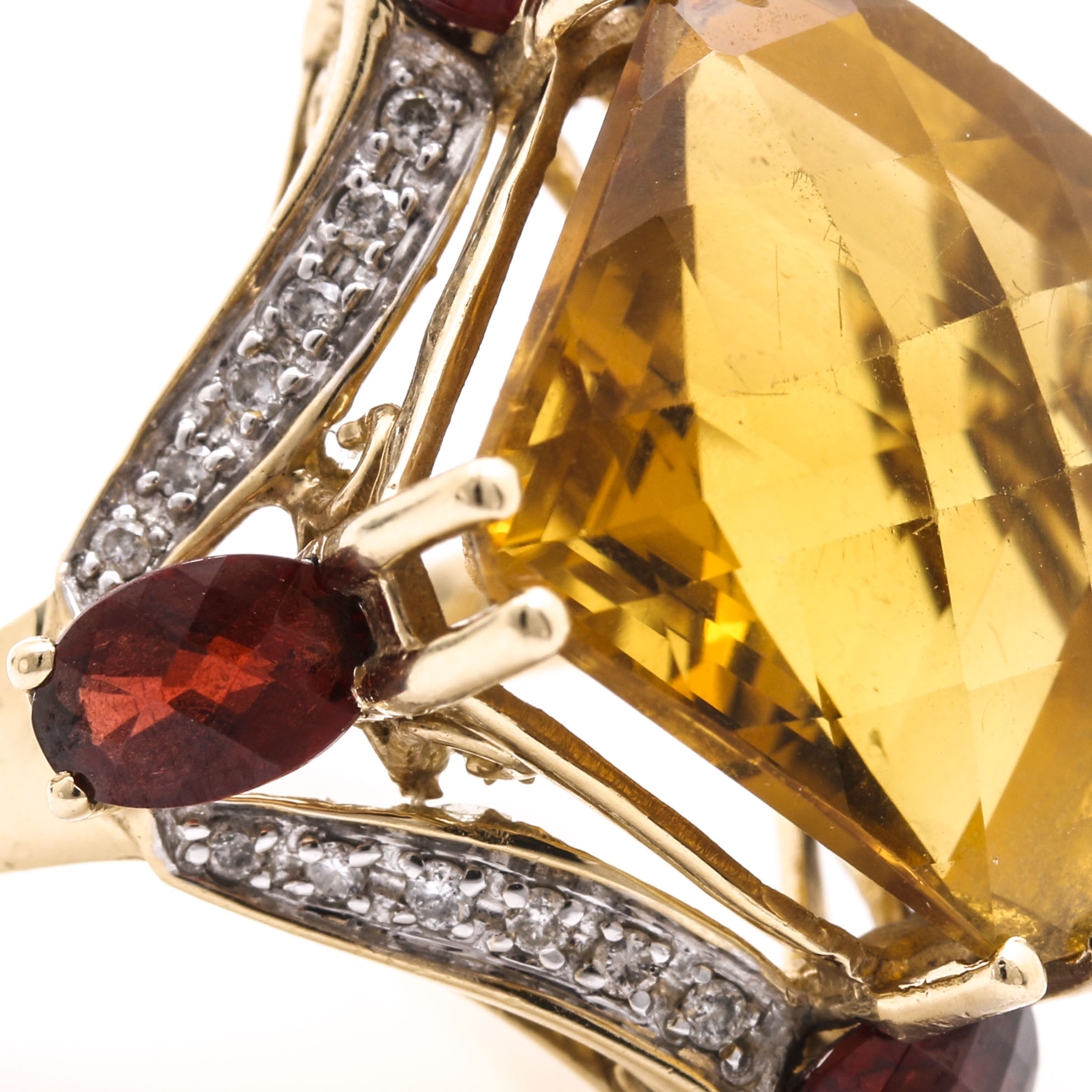 14K Yellow Gold 15.07 CT Citrine, Garnet, and Diamond Ring