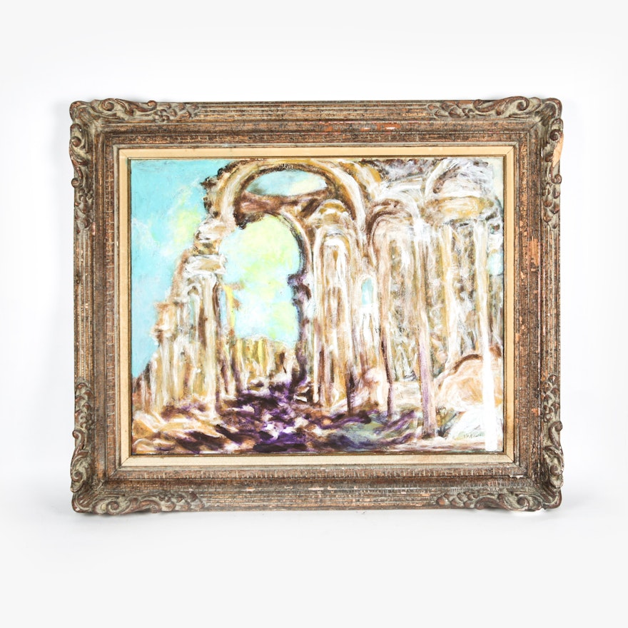 Framed Grecian-Style Abstract Landscape Oil Painting