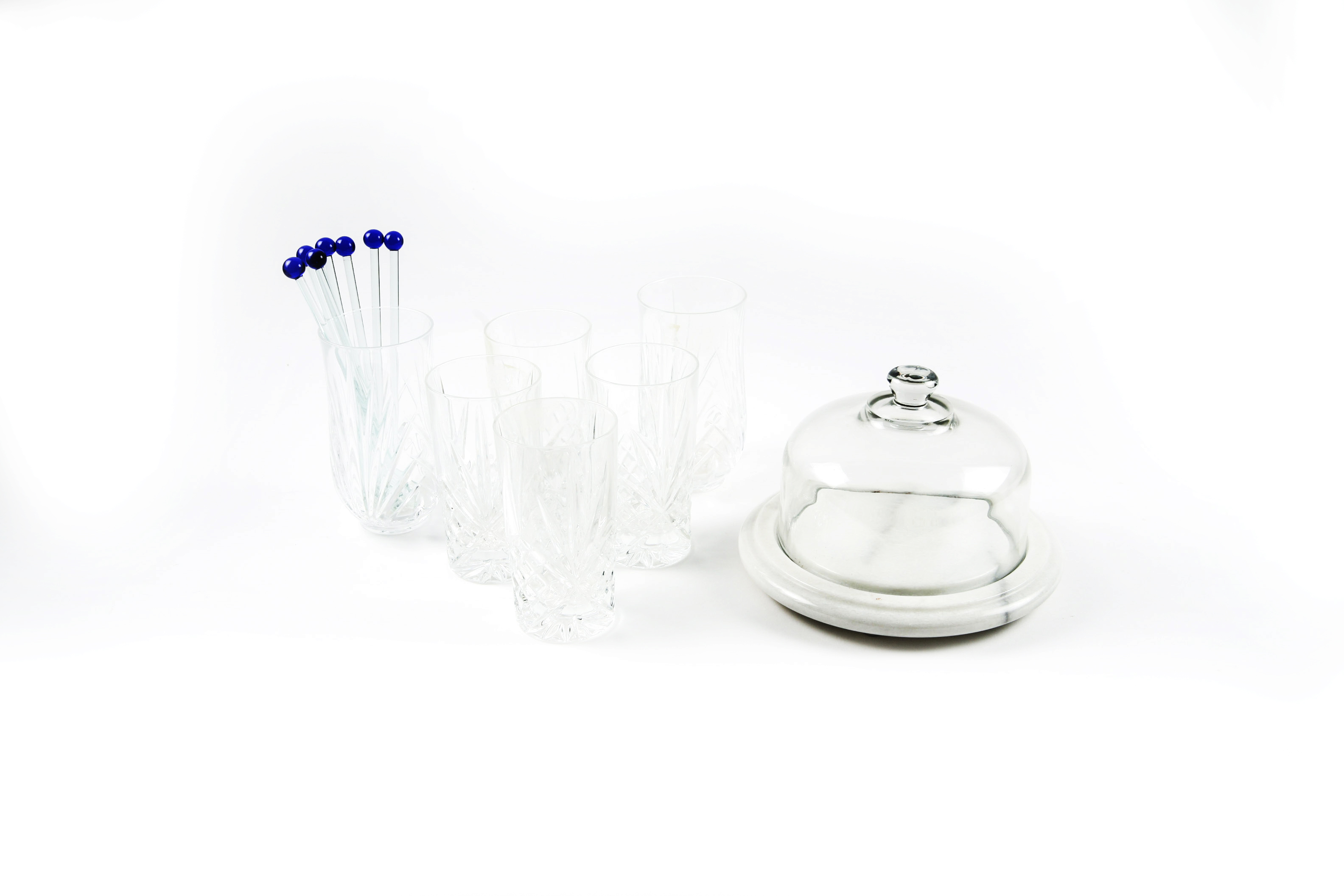 Crystal Water Glasses with Stirs and Marble Domed Cheese Server
