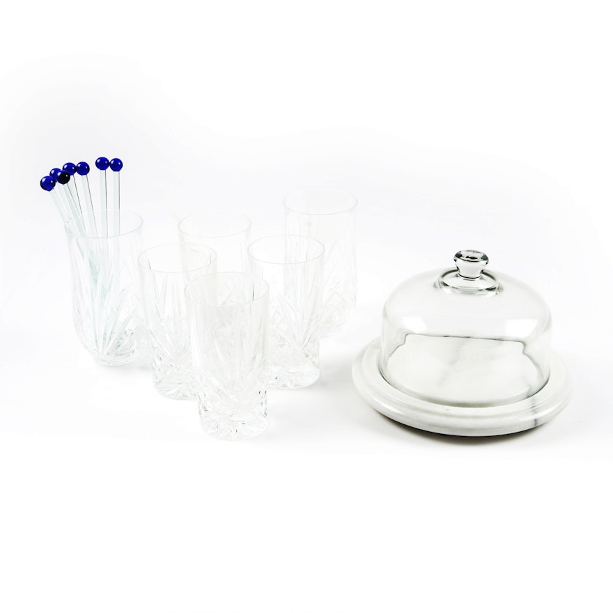 Crystal Water Glasses with Stirs and Marble Domed Cheese Server