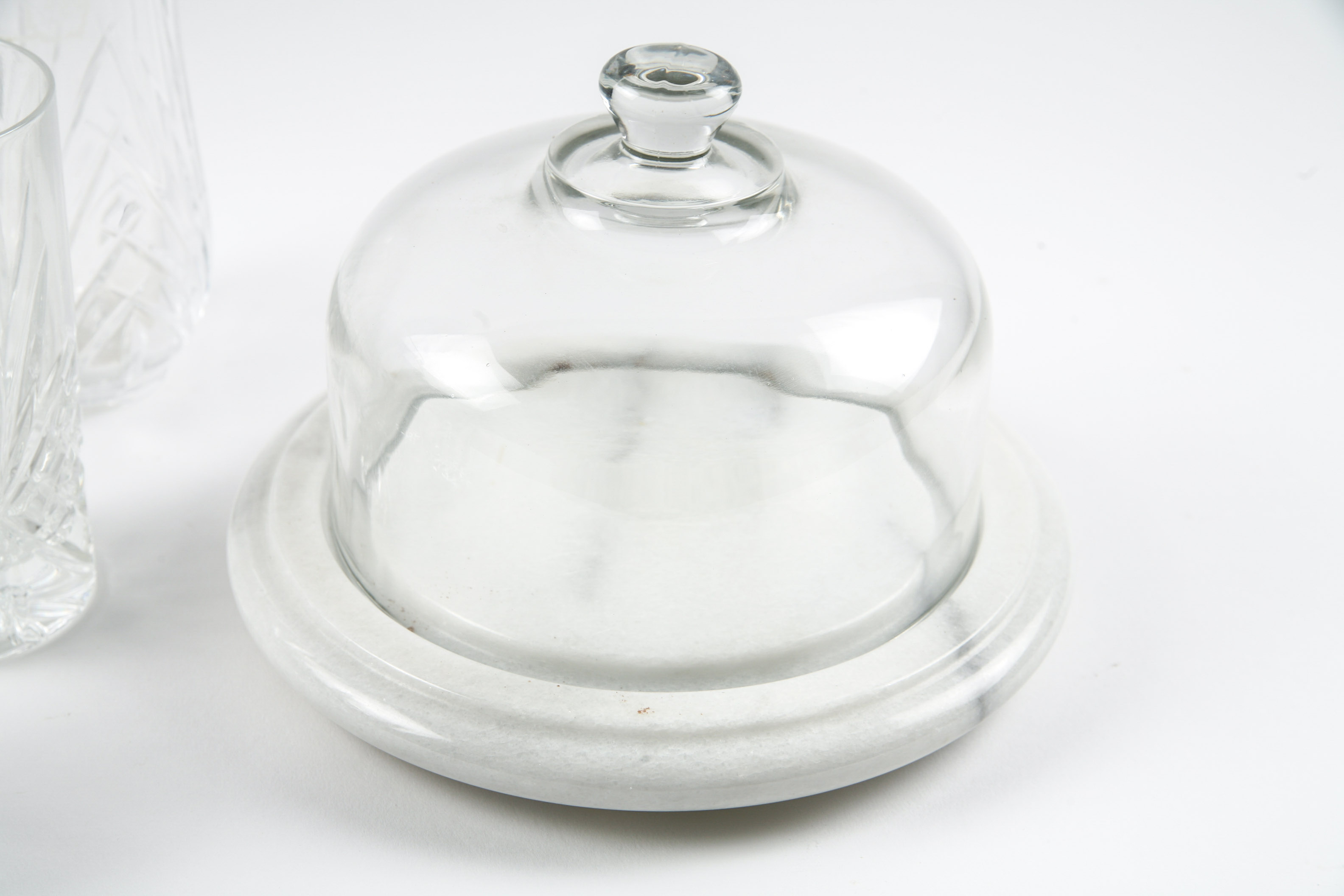 Crystal Water Glasses with Stirs and Marble Domed Cheese Server