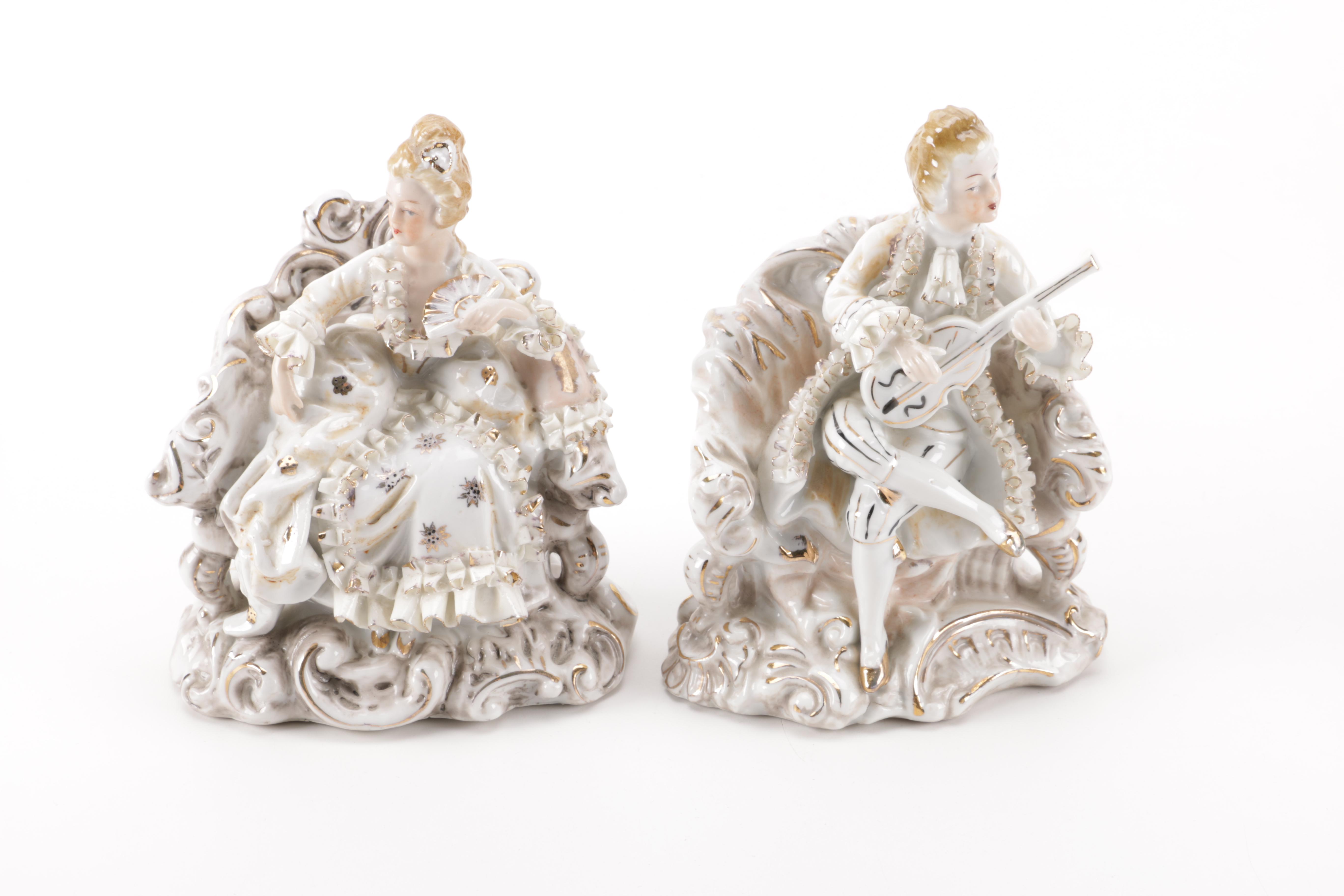 Vintage Porcelain Court Musician and Lady Figurines