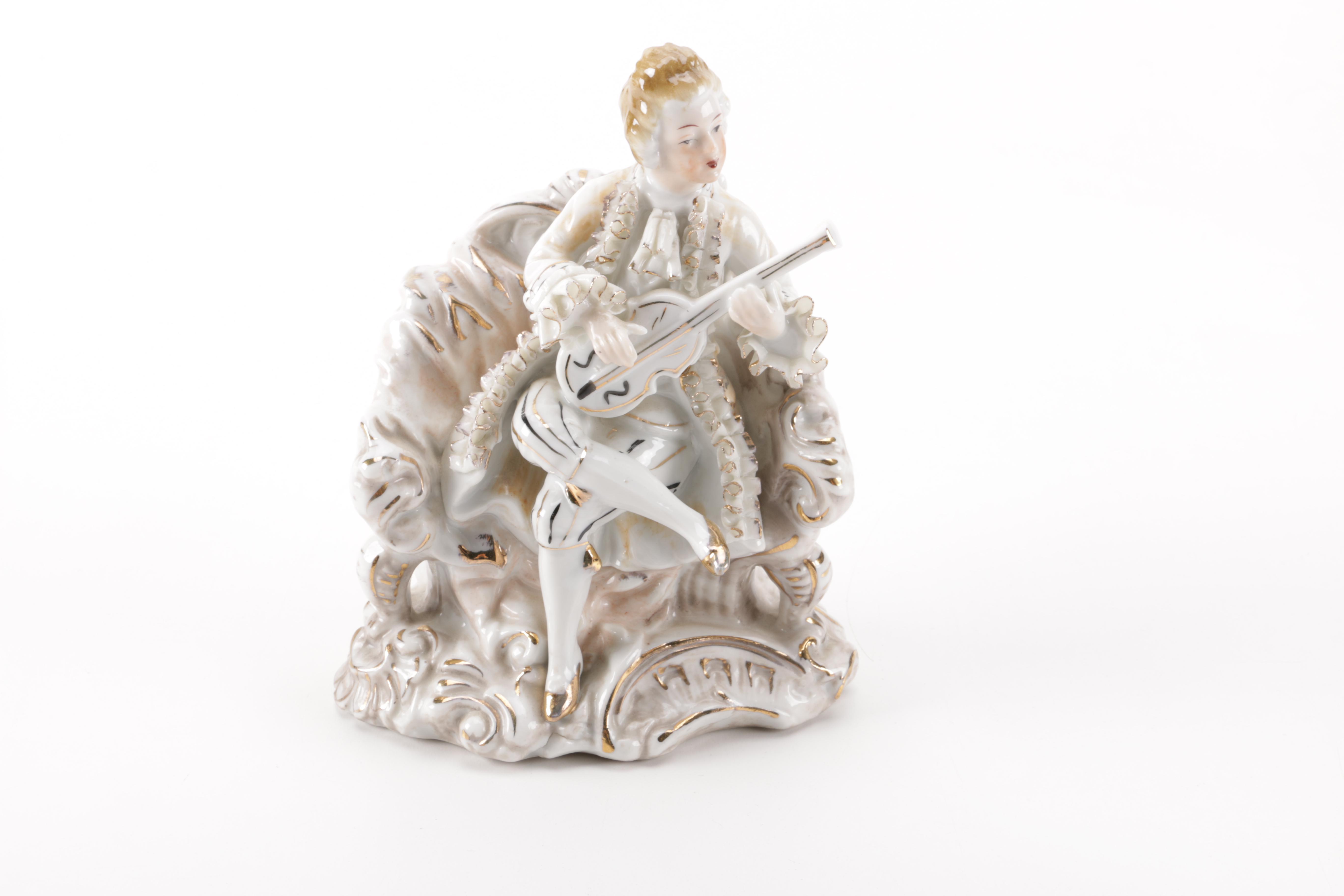 Vintage Porcelain Court Musician and Lady Figurines